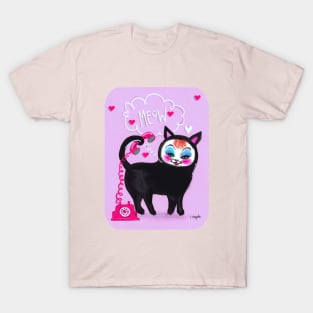 Sassy Cat Black Kitty MEOW with Hearts T-Shirt